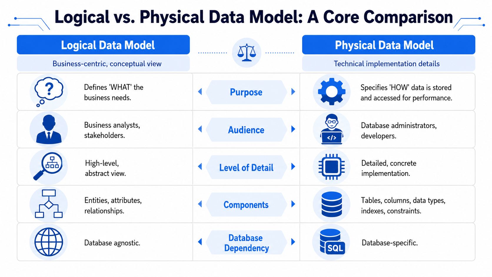 A comparison chart outlining the key differences between a logical and a physical data model.