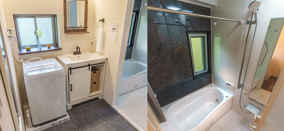 Photos showing the shower room, sink, and washing machine