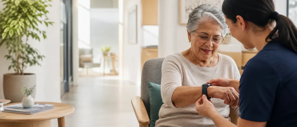 Pflegekraft legt einer Seniorin ein Wearable am Handgelenk an