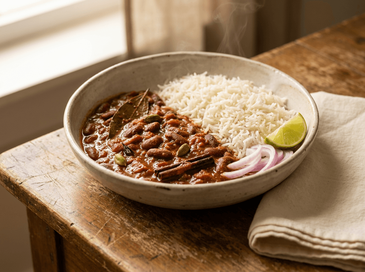 Rajma masala with steamed basmati rice as plant based protein meal