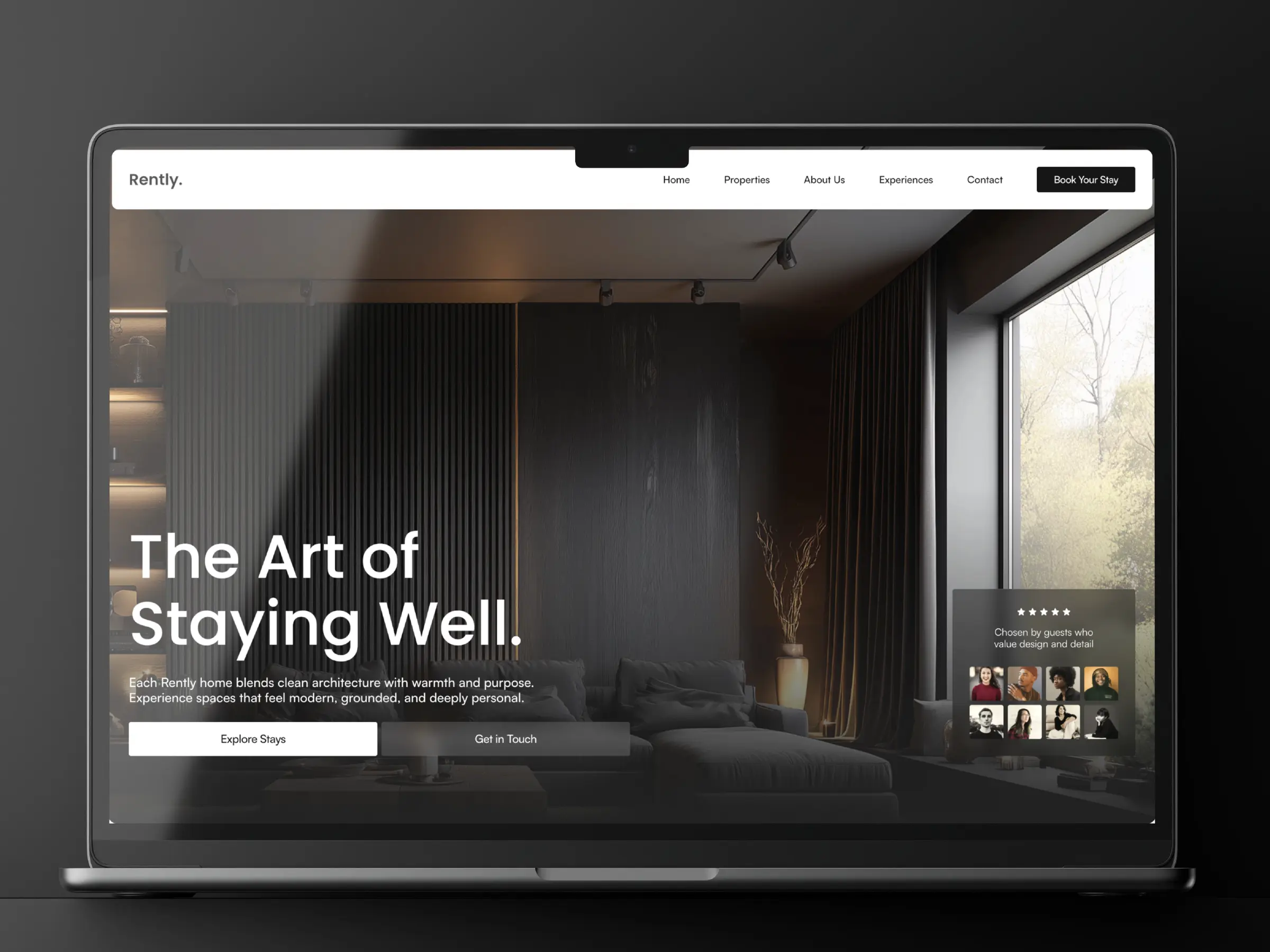 Rently vacation rental Framer template featuring modern accommodation, property stays, guest reviews, and a premium hospitality design.