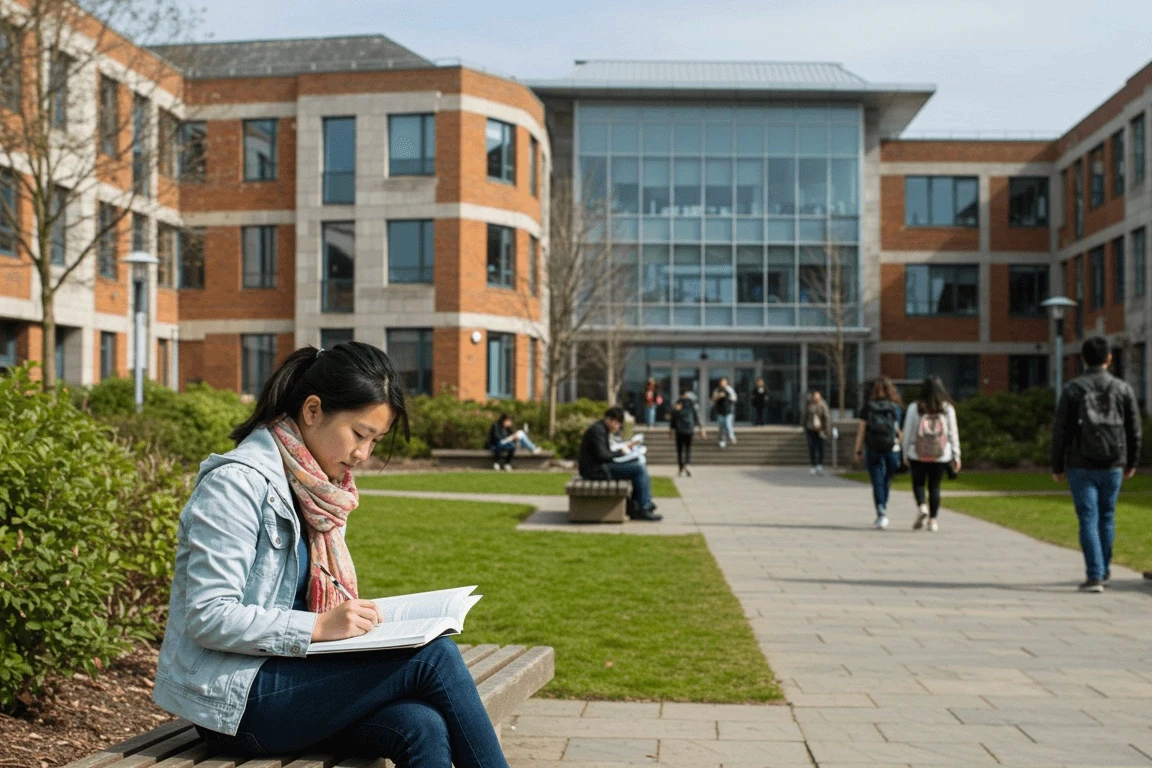 Diverse students on a modern university campus highlighting mediareach focus on youth and educational marketing