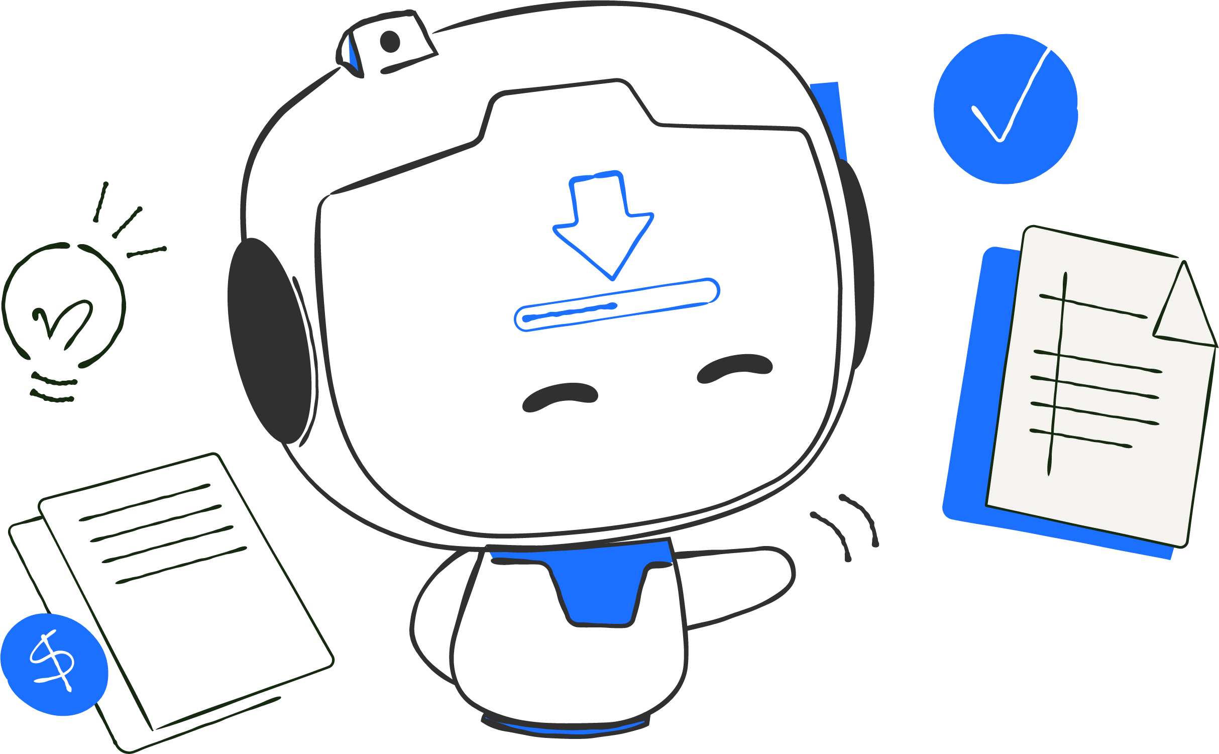 Ilustração do mascote da DevolveAI disponibilizando materiais educativos para download sobre segurança digital.