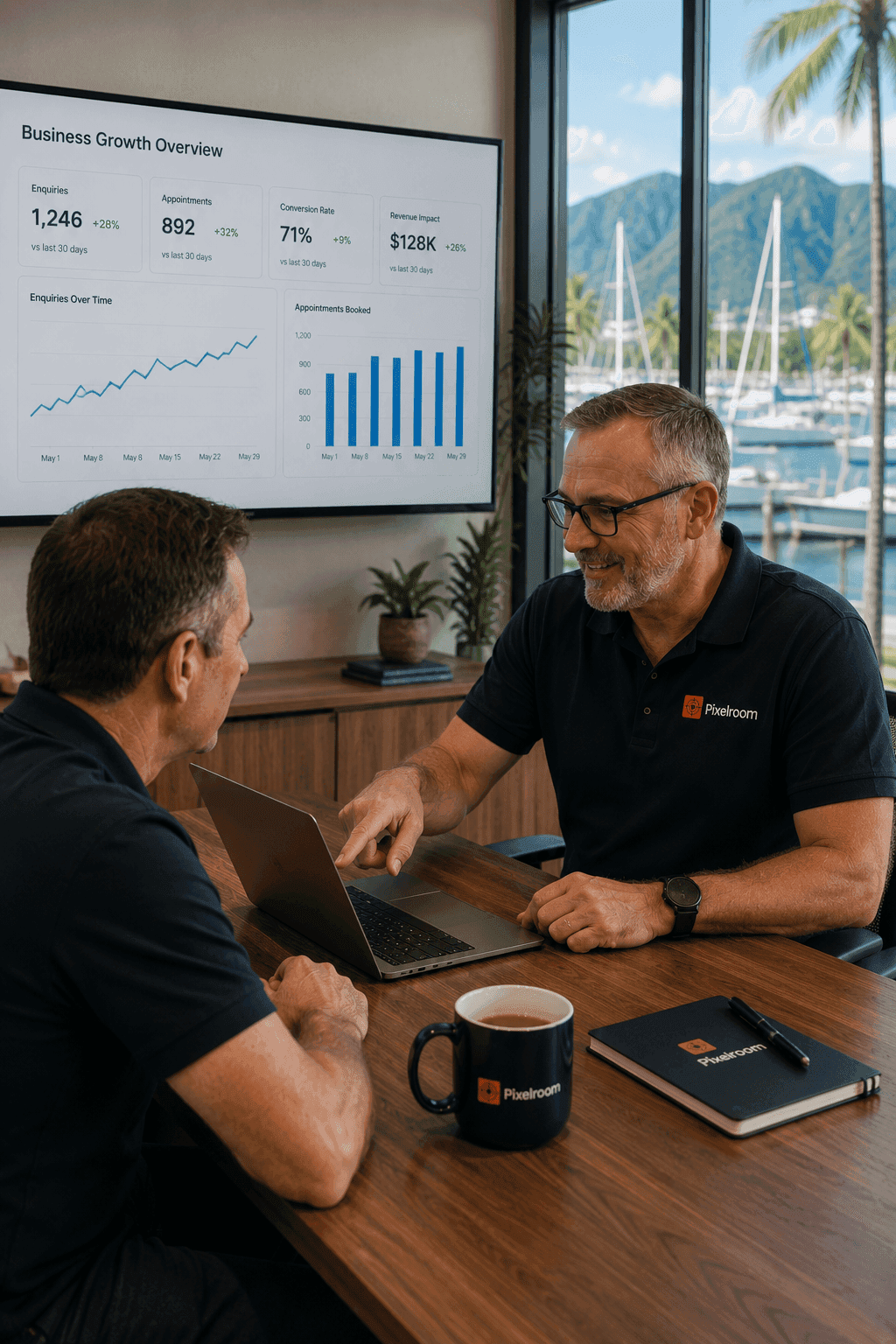 Small business owner working with a Pixelroom consultant to improve business performance through AI automation, workflow optimisation and practical business technology solutions in Cairns, Australia.