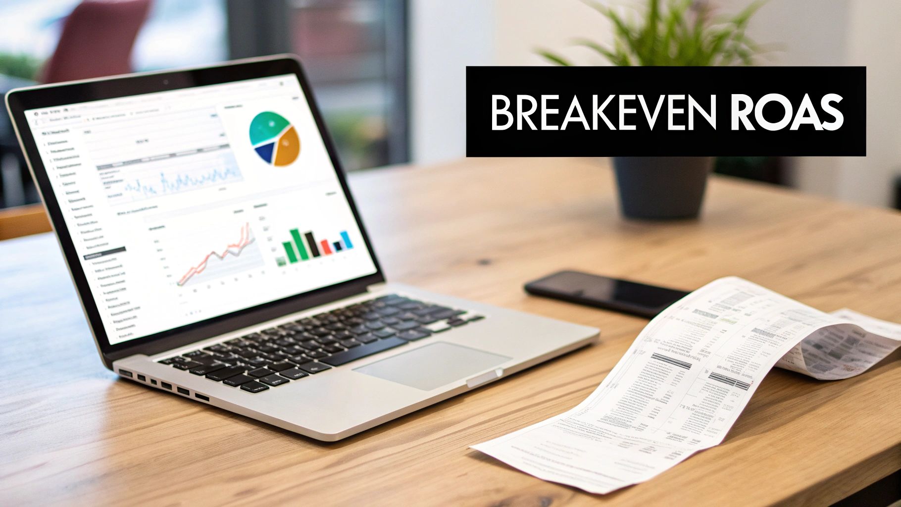 A laptop displaying financial charts and graphs with 'BREAKEVEN ROAS' text, a phone, and a long receipt on a wooden desk.