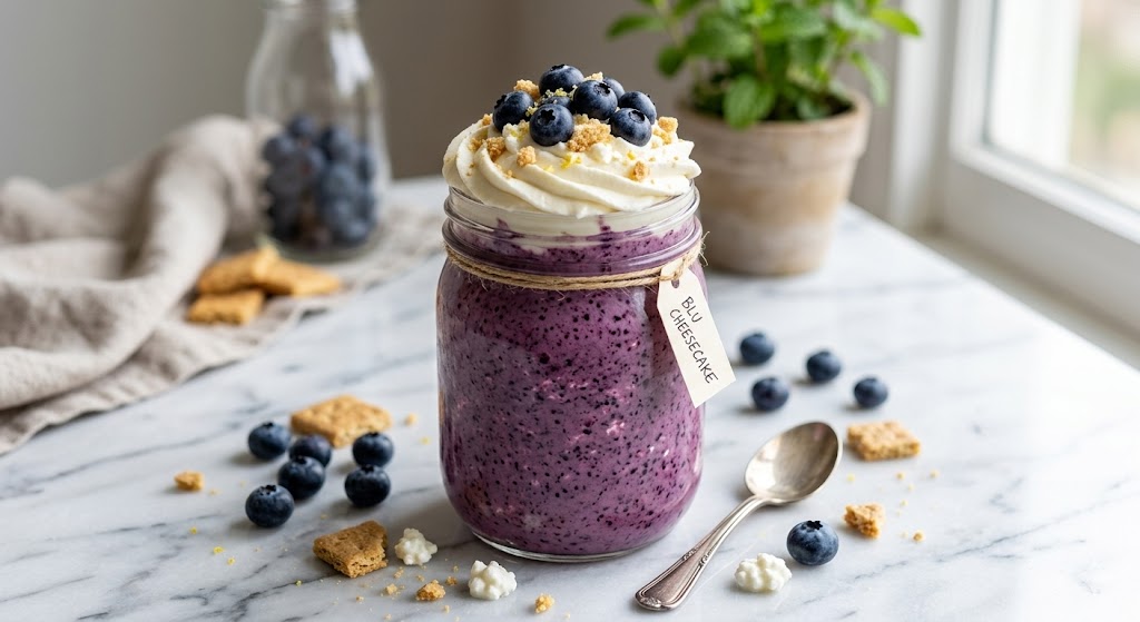 A thick, rich purple blueberry cheesecake smoothie in a mason jar, topped with a swirl of whipped cream, fresh blueberries, and graham cracker crumbles. The jar sits on a white marble surface with scattered berries and a vintage spoon, creating a dessert-like aesthetic.