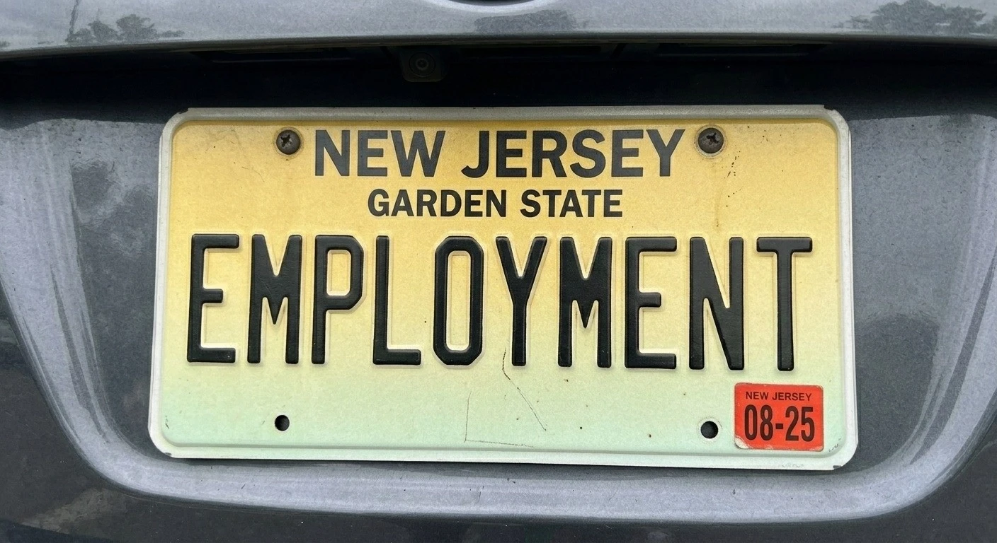 A close-up photograph of a personalized New Jersey license plate. The yellow gradient plate is personalized with the text 'EMPLOYMENT' in bold black letters. The 'GARDEN STATE' text is visible at the bottom, and a small red expiration sticker shows '08-25'. The plate is used to visually introduce the article on 2026 New Jersey employment law updates.