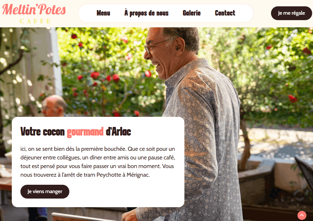 Page d'accueil du site vitrine du Meltin'Potes Caffé, restaurant à Mérignac près de l'arrêt de tram Peychotte, créé par SL Vision