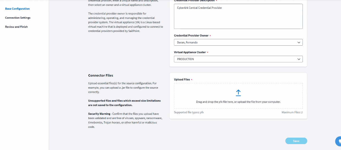 Credential provider configuration page with file upload section for PFX certificates.