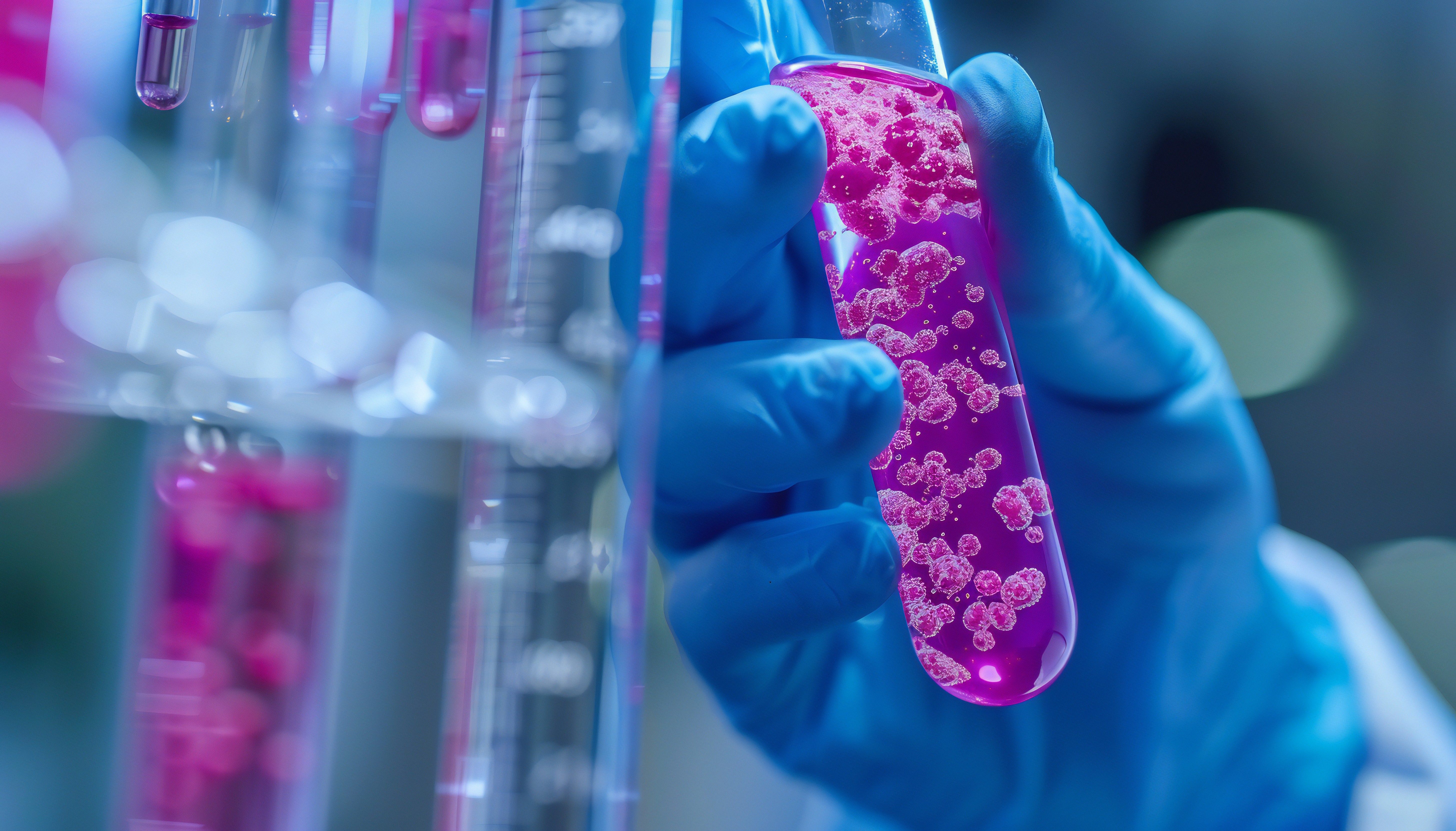 Scientist holding a test tube filled with pink liquid, possibly containing cells or a chemical solution.