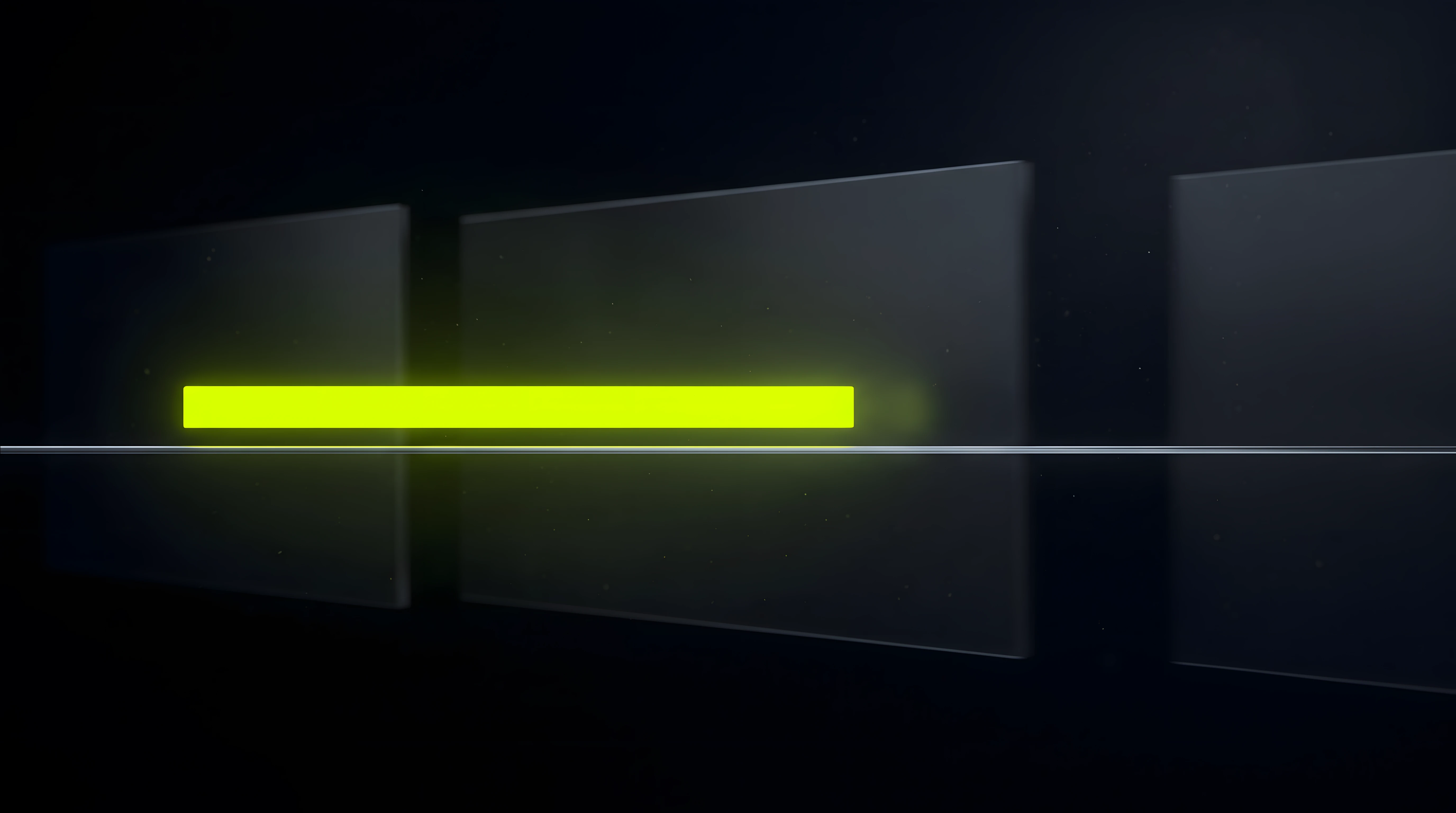 A single toxic lime playback bar held steady across three stacked deep void page frames that slide past behind it, a thin liquid chrome rule marking the layout it belongs to, representing a player mounted above the page rather than inside it.