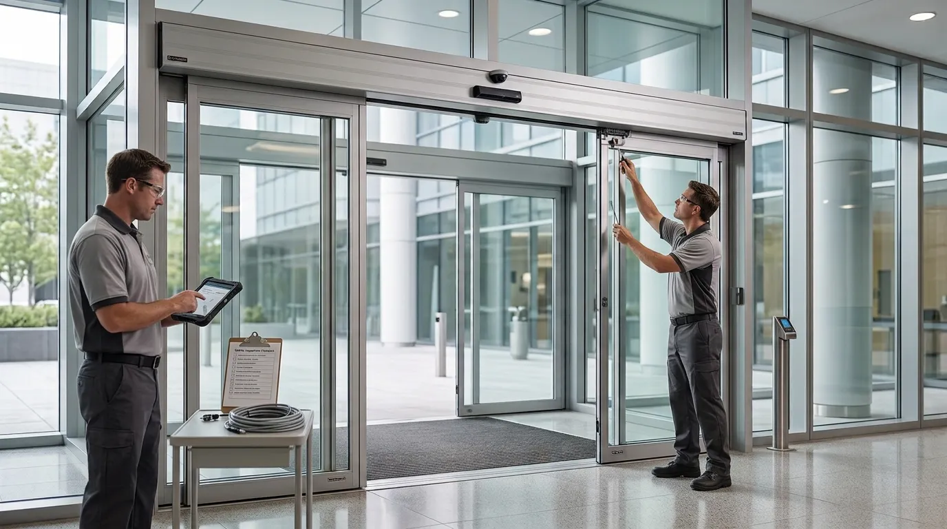 Technicians checking emergency and manual functions of an automatic sliding door