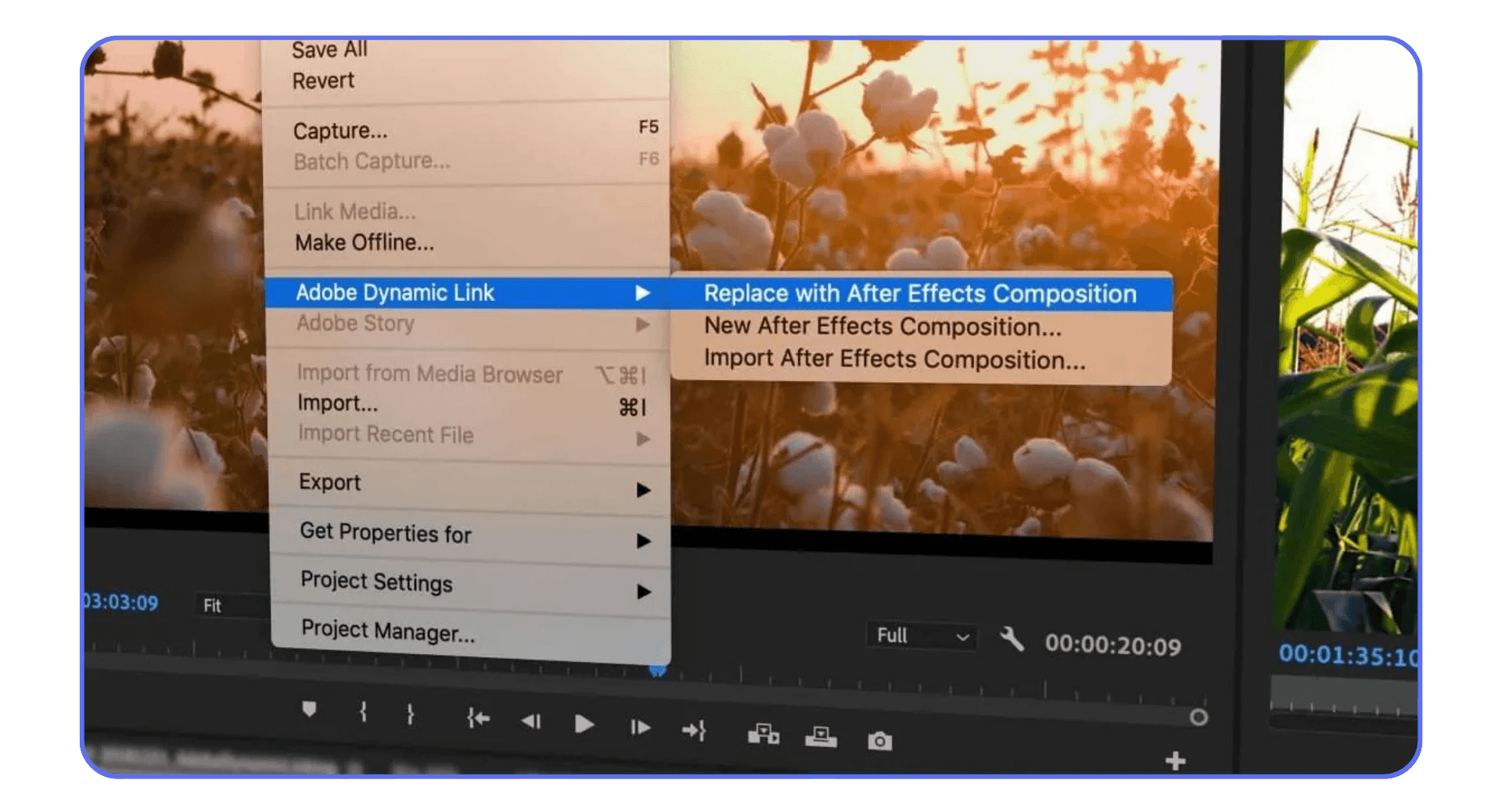 Adobe Premiere Pro Dynamic Link menu showing Replace with After Effects Composition option