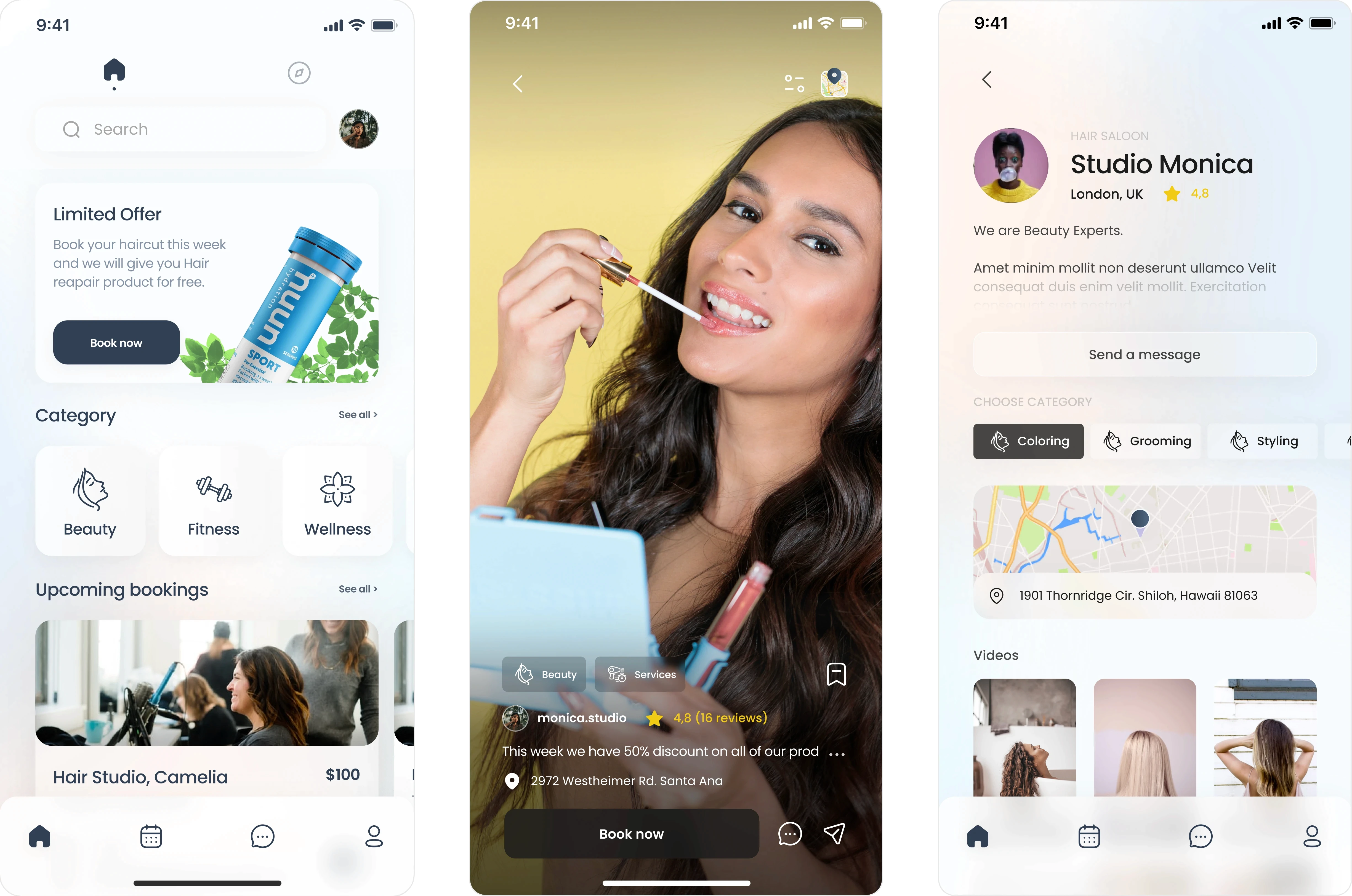 Three-screen booking flow from the redesigned Xwell mobile app, showing the full appointment scheduling process for a treatment at Studio Monica. The first screen presents an available dates calendar for January 2022. The second screen displays the selected date and time, assigned stylist, optional add-ons and the final price summary with a Pay button. The third screen shows a payment confirmation modal with a scannable QR code and a message stating the service was successfully booked. Clean, soft UI highlights Xwell’s seamless and modern experience for discovering, scheduling and confirming beauty and wellness appointments.