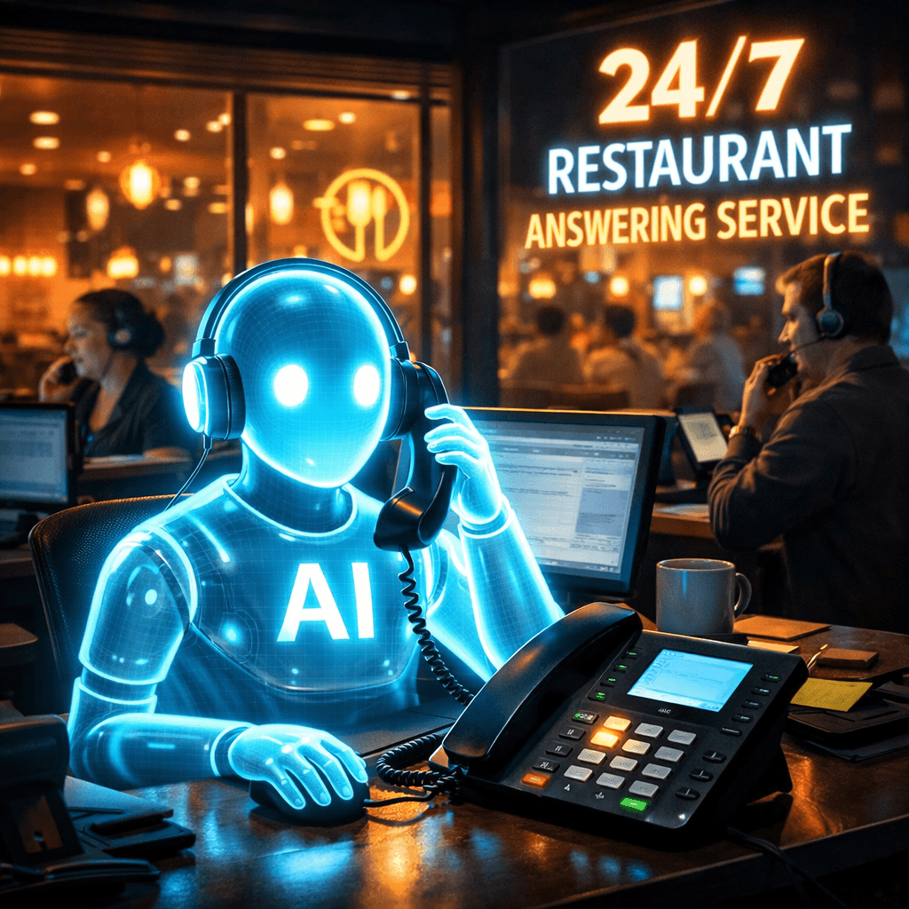 A realistic illustration of a nighttime restaurant phone line with a glowing AI icon answering calls, highlighting 24/7 availability. Alt: 24/7 restaurant answering service