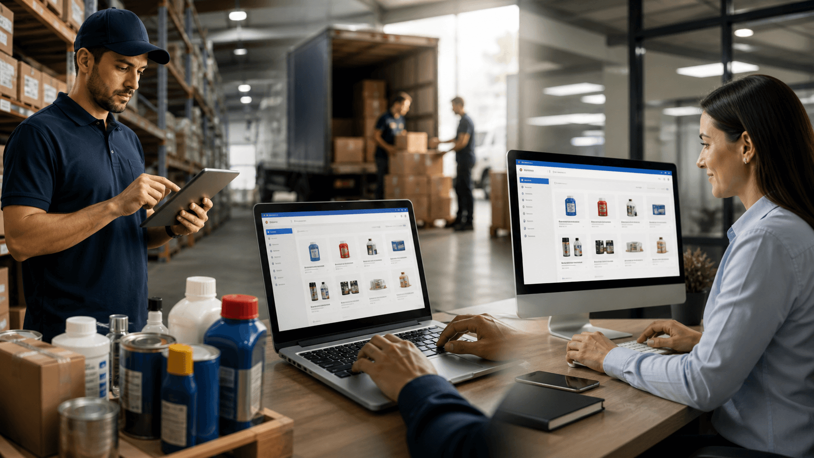 Ambiente integrado de escritório e armazém, com profissionais utilizando tablet, notebook e celular para gerenciar pedidos e catálogo de produtos, enquanto ao fundo há prateleiras com mercadorias e operação logística em andamento, representando vendas B2B do campo ao digital.