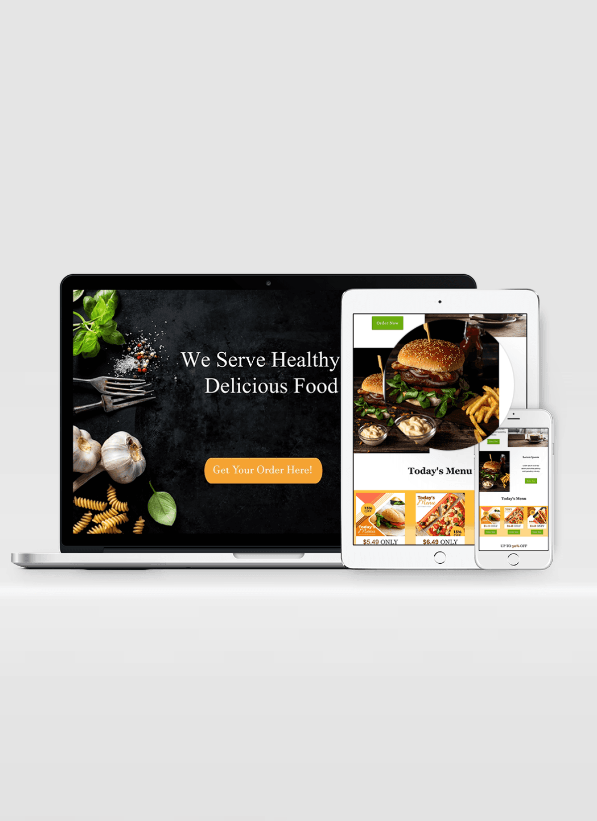 A laptop, tablet, and phone displaying a cohesive and minimalist email layout for a food service, emphasizing responsive web design.