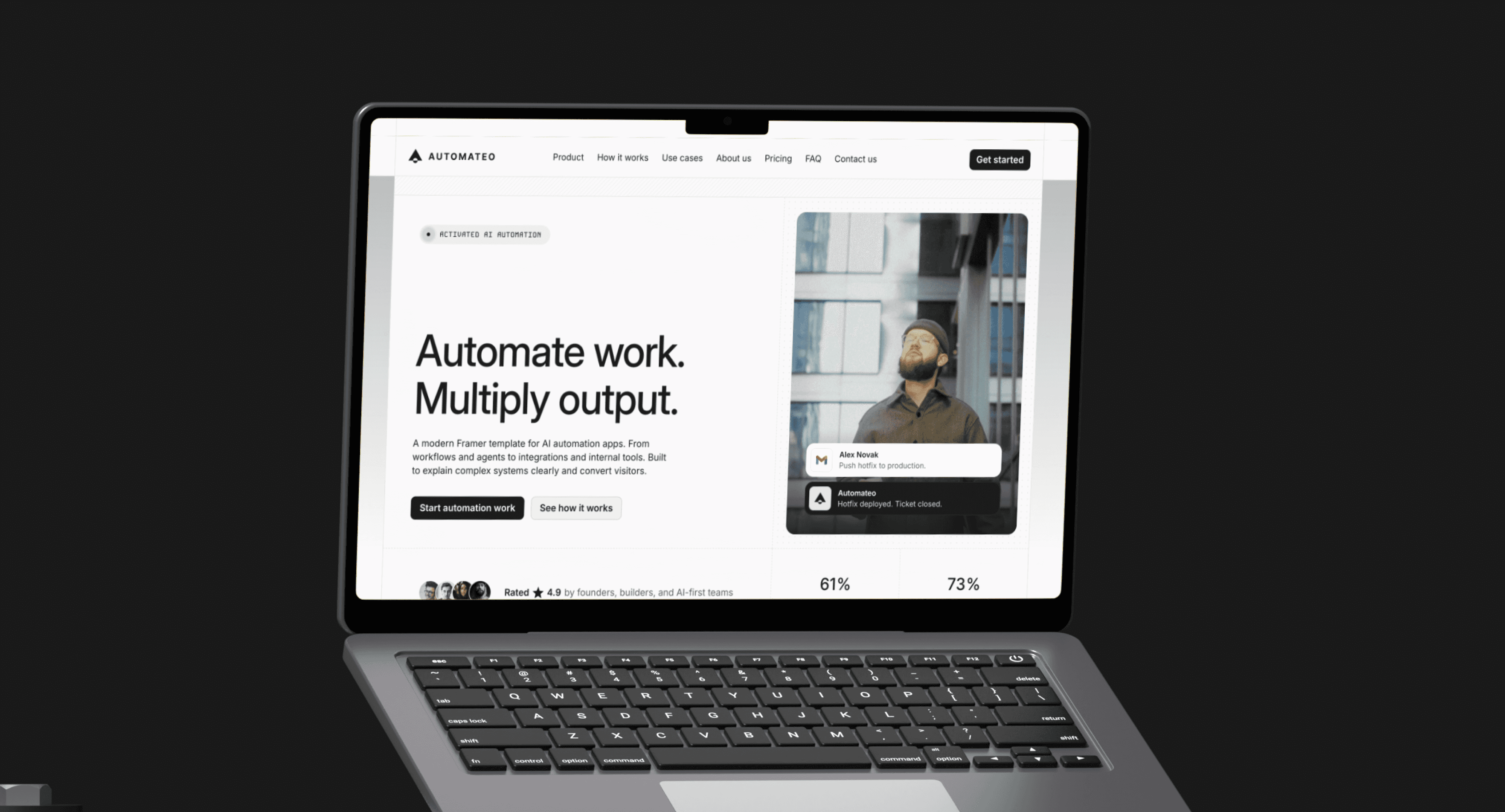 Automateo free Framer template by Damir Cosic displayed on a MacBook showing a hero section with the headline Automate work. Multiply output. alongside workflow notification cards
