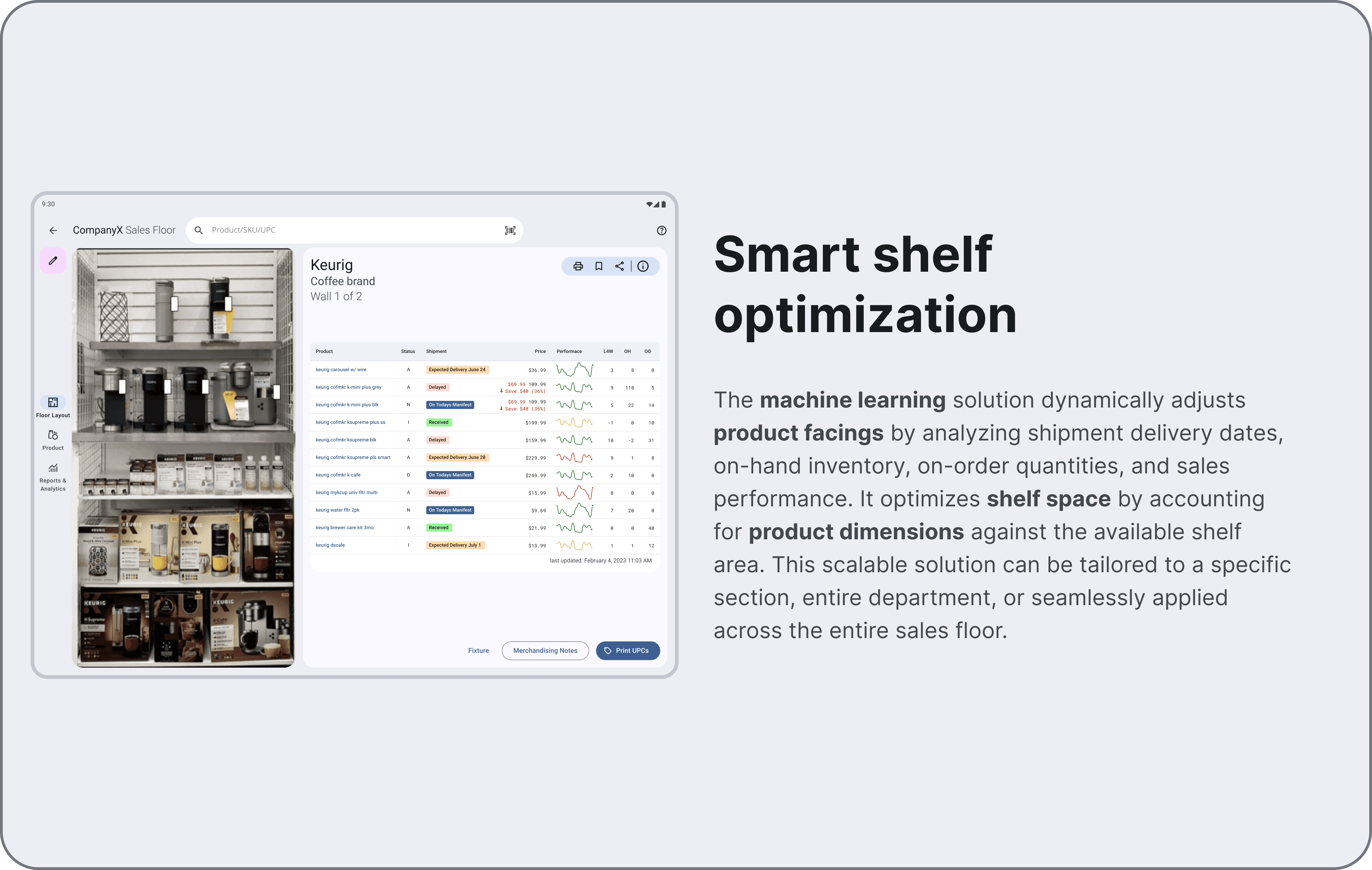 Tablet interface showing a Keurig coffee display alongside a data table of shipment dates, sales graphs, and inventory optimization metrics.