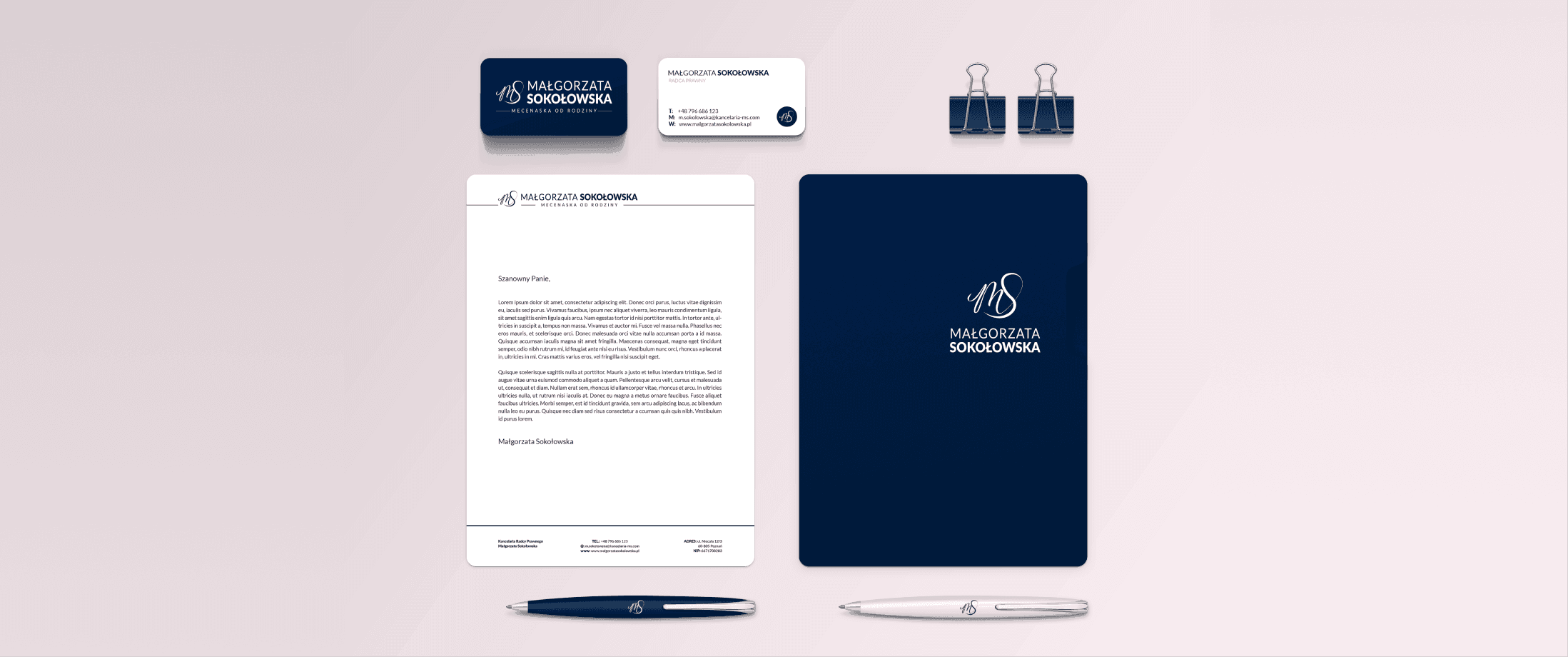 Logo on mockups: pen, business cards, and documents.