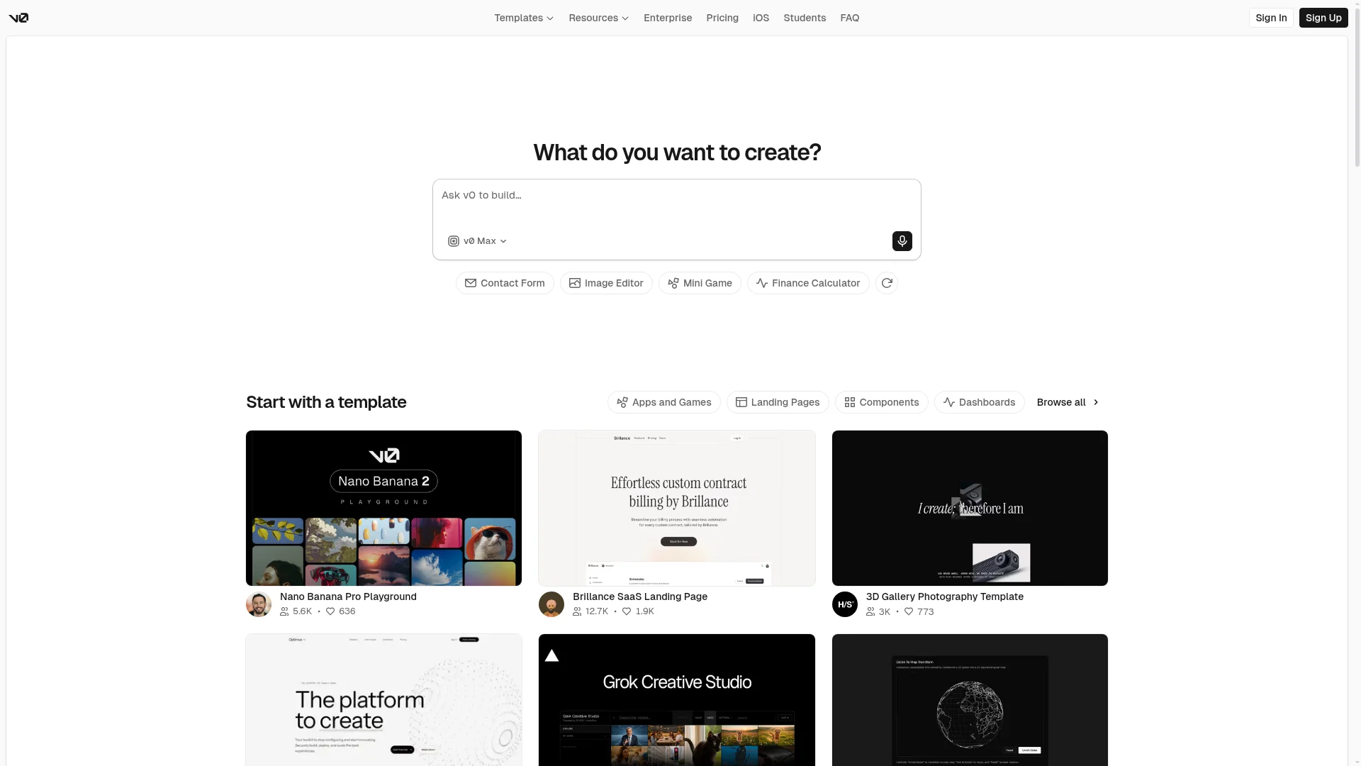 v0 by Vercel AI app builder homepage
