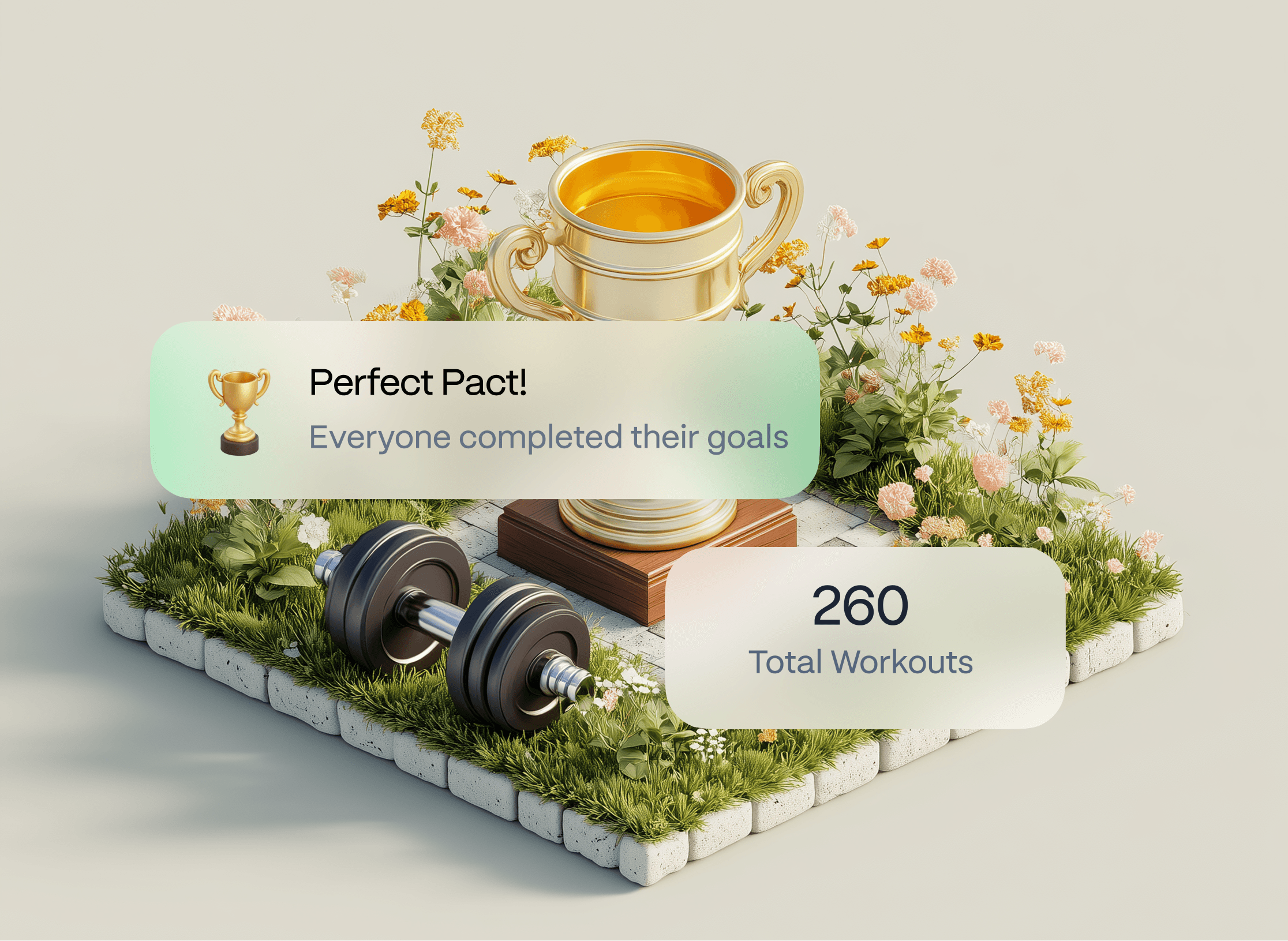Loopday app illustration showing a golden trophy, dumbbell, and workout stats representing progress and team achievements through pacts.
