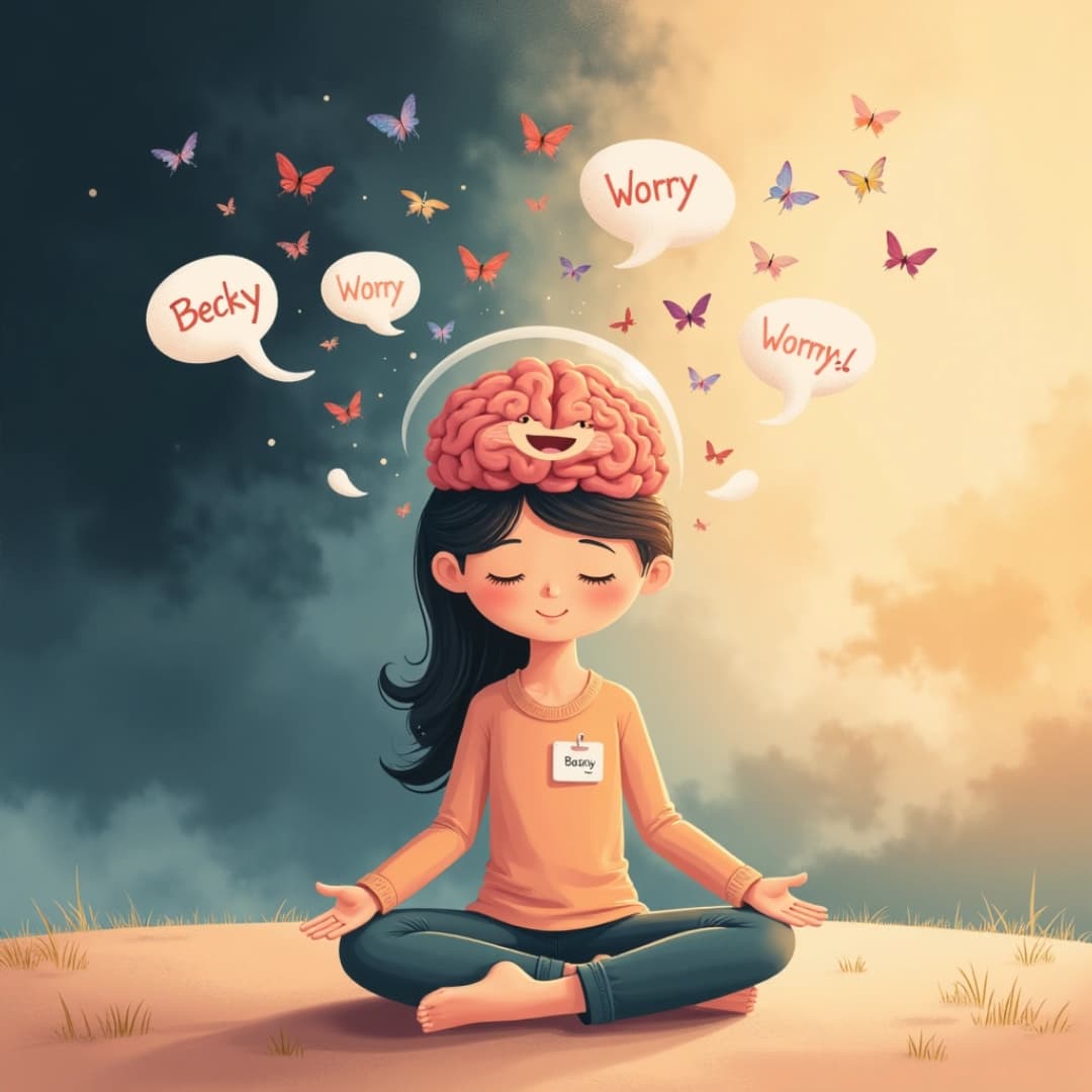 eine karikatur einer meditierenden Frau, über ihr sind sprechblasen, die worry sagen, über ihrem kopf ist ein gehirn