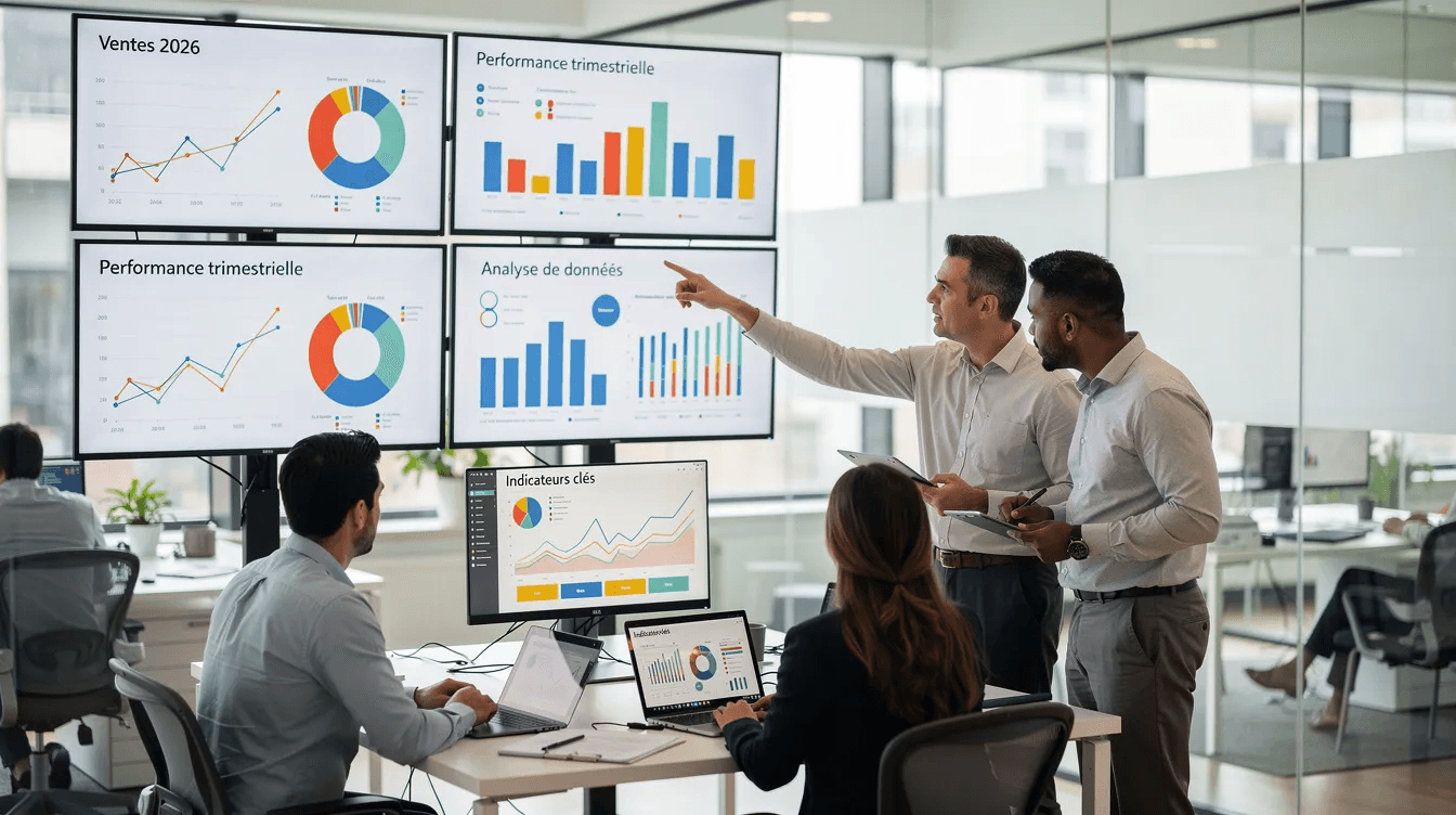 L'image montre un groupe de personnes collaborant autour d'écrans qui affichent des données et des graphiques, illustrant une stratégie webmarketing efficace. Cette scène met en avant l'importance de la communication et de l'analyse pour optimiser les performances d'une entreprise dans le domaine du marketing digital.