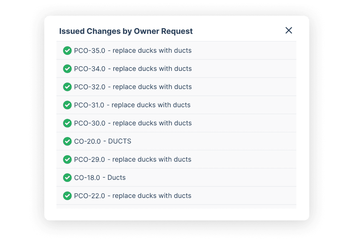 Issued changes list with owner-requested updates tracked in Part3's construction analytics software