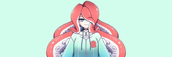 VTuber model example featuring a hoodie-wearing character with octopus-inspired design, displayed in static artwork and GIF motion sample as part of a client testimonial.