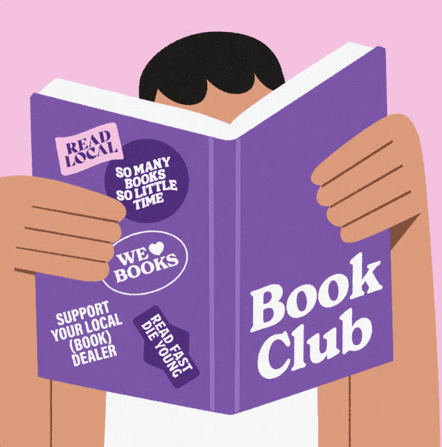 Illustration of person holding book with book club stickers