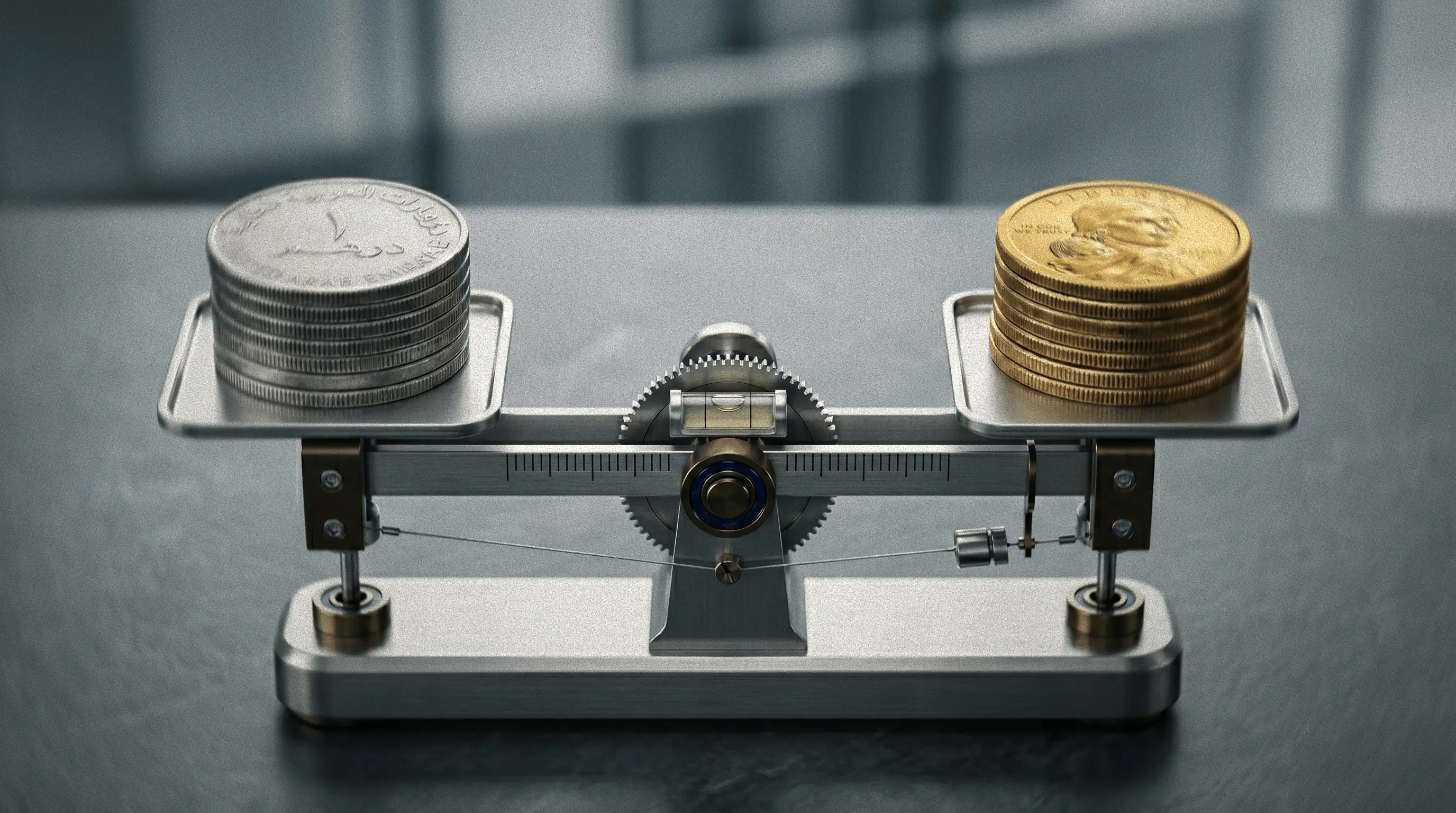 Balanza equilibrando monedas de dirham y dólar.