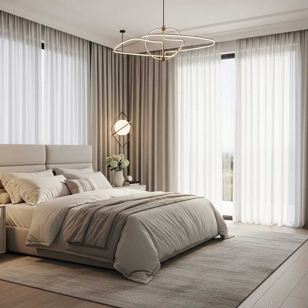 Bright master bedroom concept with soft daylight and modern neutral styling. ​