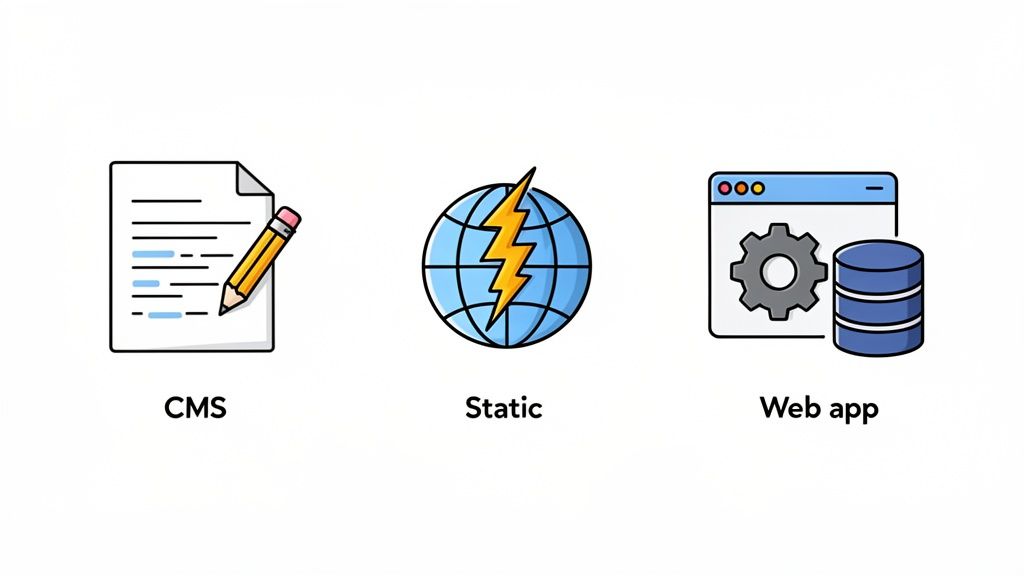 Three icons representing CMS, static, and web app for different website publishing methods.