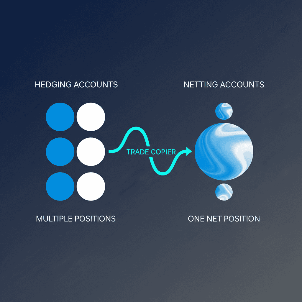 Visual comparison of hedging vs netting: separated position circles (hedging), merged net circle (netting), and the trade copier's workaround