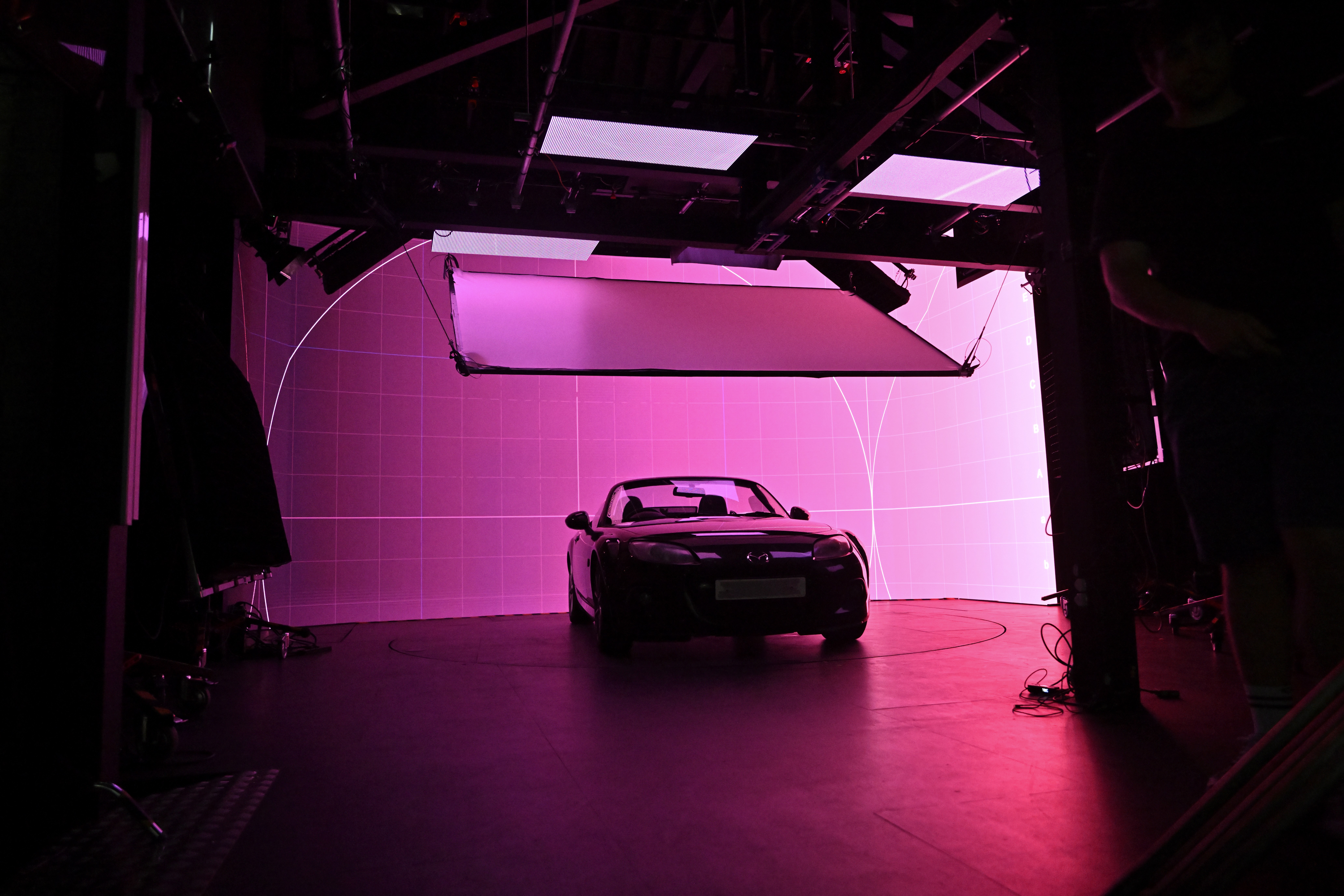 Sports car on motorised turntable at in the V Studio virtual production stage at Film Soho in Central London