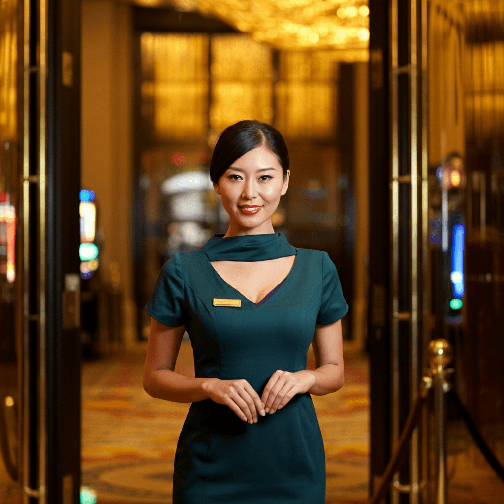 sexy asian hostess in dark teal gown welcoming guests at a luxury casino entrance, warm smile, soft golden lighting, atmosphere of comfort and sophistication