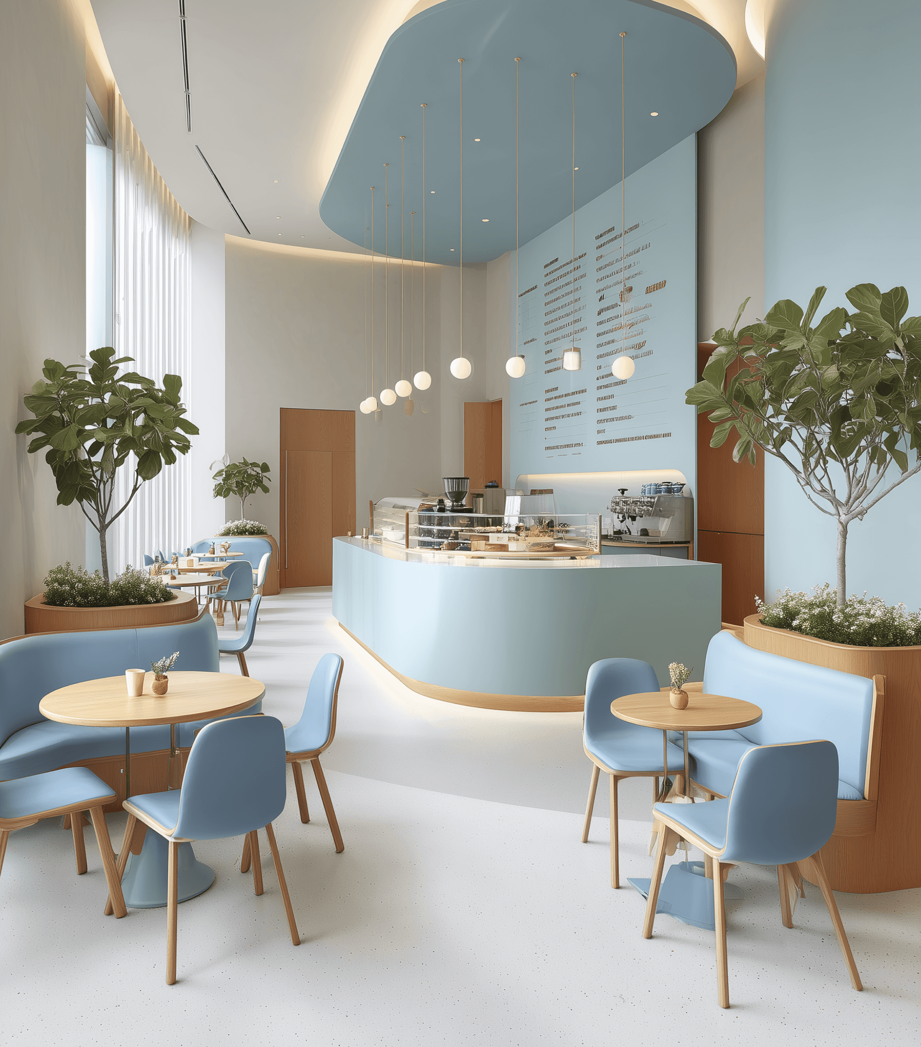 Akru point-of-sale system inside light blue themed café interior designed for independent hospitality venues
