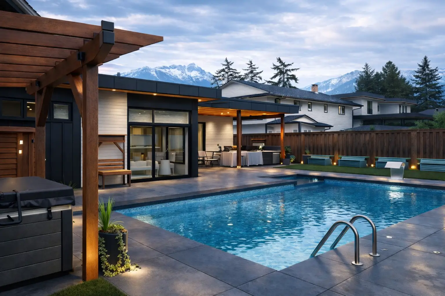 3D landscape design of a modern backyard with swimming pool, outdoor kitchen, pergola, and mountain backdrop.