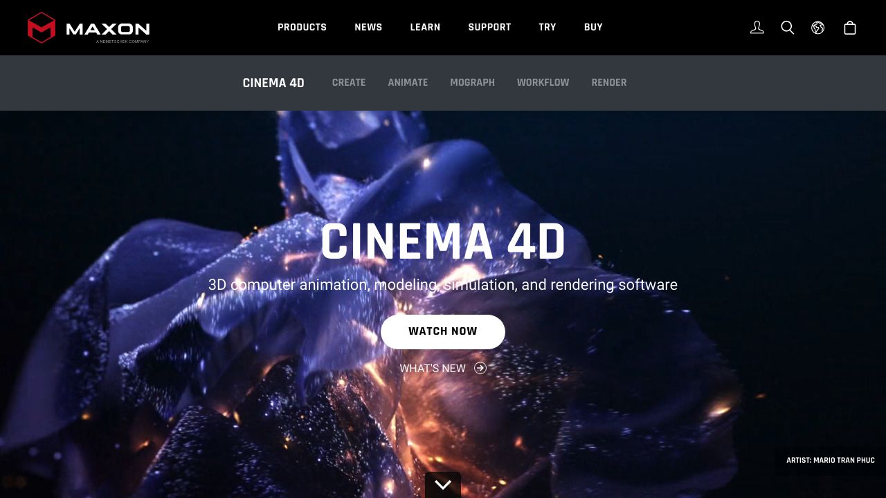 Screenshot of the Cinema 4D website showcasing 3D modeling, animation, and rendering software