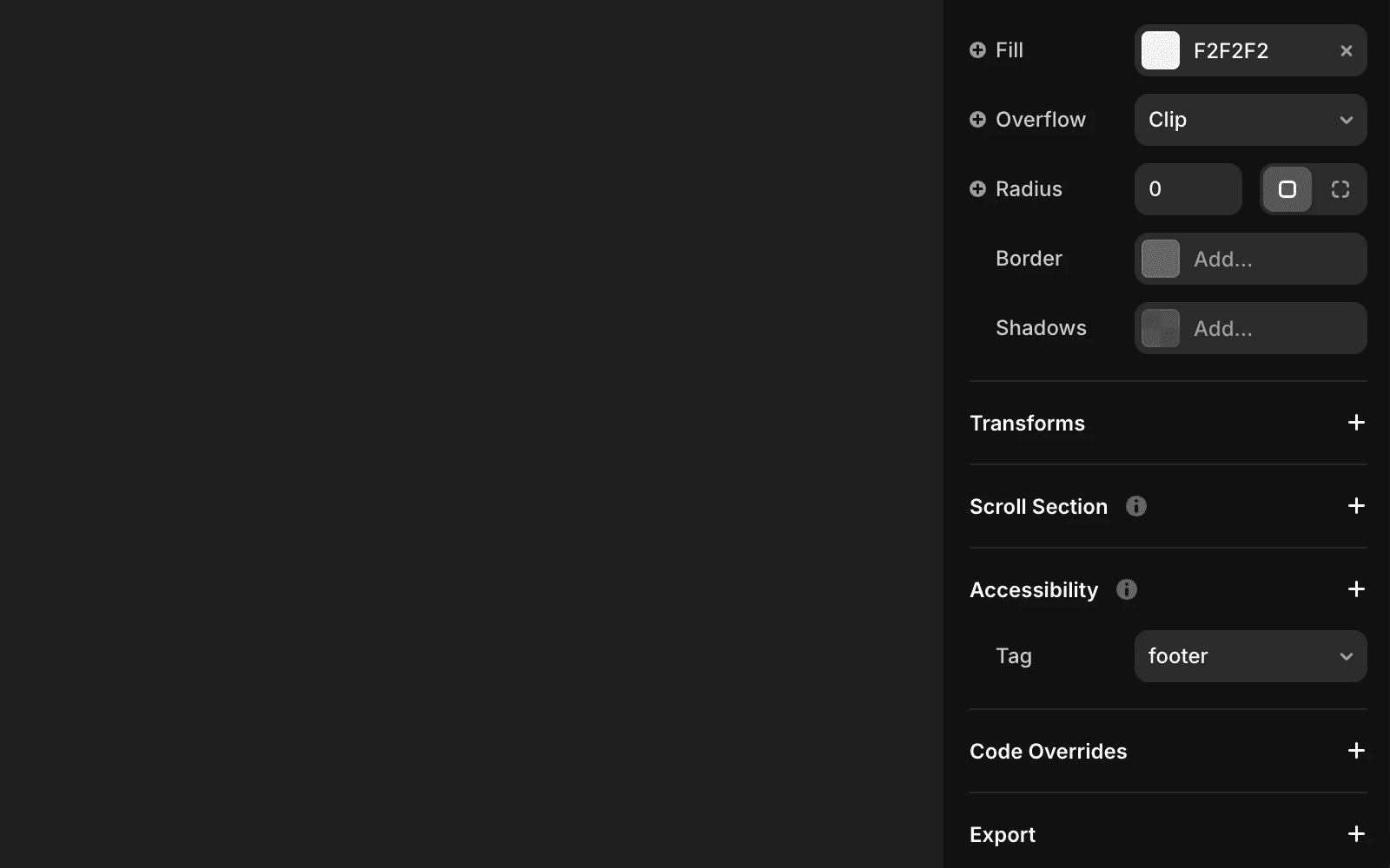 Framer Accessibility panel showing the footer tag option selected in the Tag dropdown.