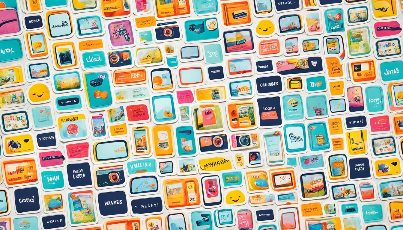 A colorful array of rectangular frames with rounded corners, arranged in a grid pattern, each displaying a different image or video that tells a story about a brand. Each frame is adorned with playful and eclectic stickers, emojis, and text overlays, adding personality and character to the brand's narrative. The frames are stacked on top of each other to create depth and movement, with some frames peeking out from behind others. The overall effect is eye-catching, fun, and engaging, encouraging viewers to click through and explore the brand's story further.