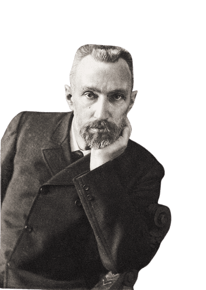 A black-and-white portrait of Pierre Curie, the pioneering French physicist, known for his groundbreaking work in radioactivity. He is seated with his head resting on his hand, wearing a formal suit and sporting a neatly trimmed beard. His thoughtful expression reflects his deep intellectual contributions to science, including his collaboration with his wife, Marie Curie.