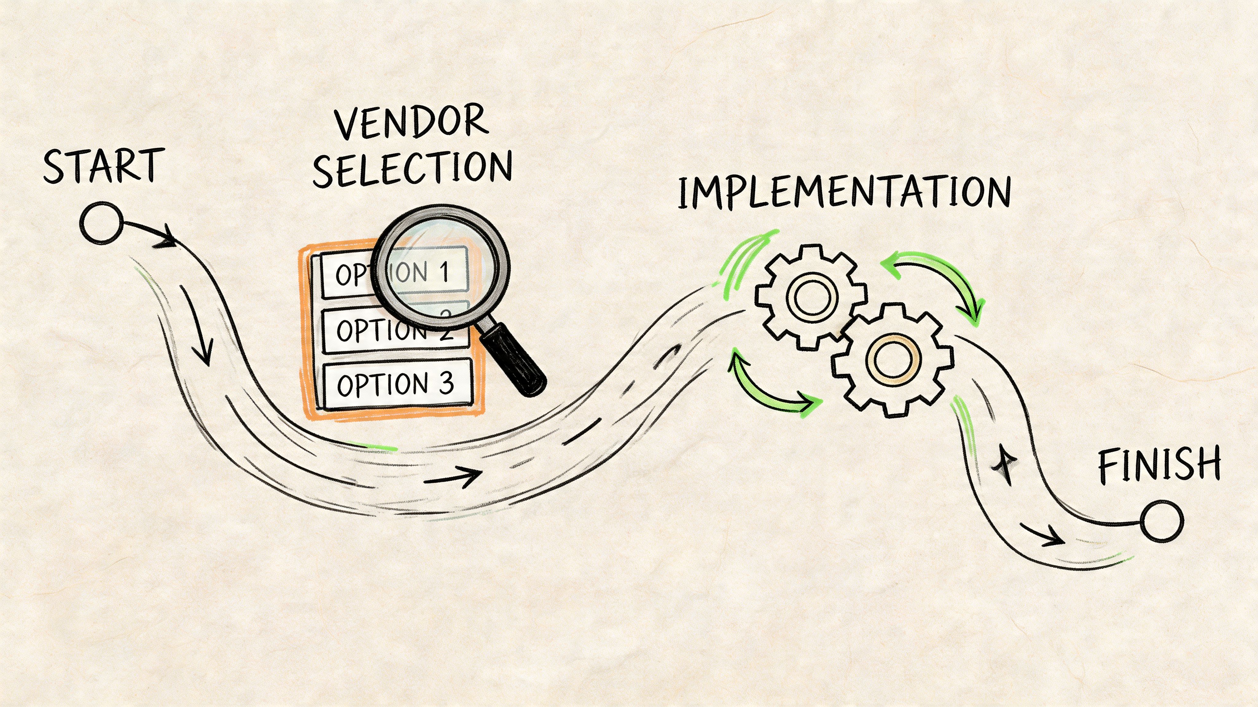 A hand-drawn illustration depicting a business roadmap from Start to Finish including vendor selection and implementation steps.