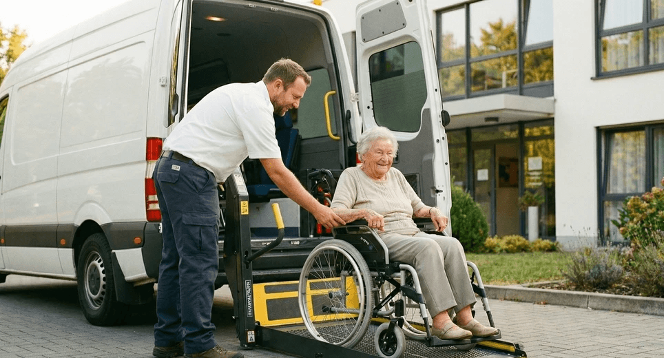 Krankenfahrer hilft älterer Frau im Rollstuhl aus dem Krankentransport