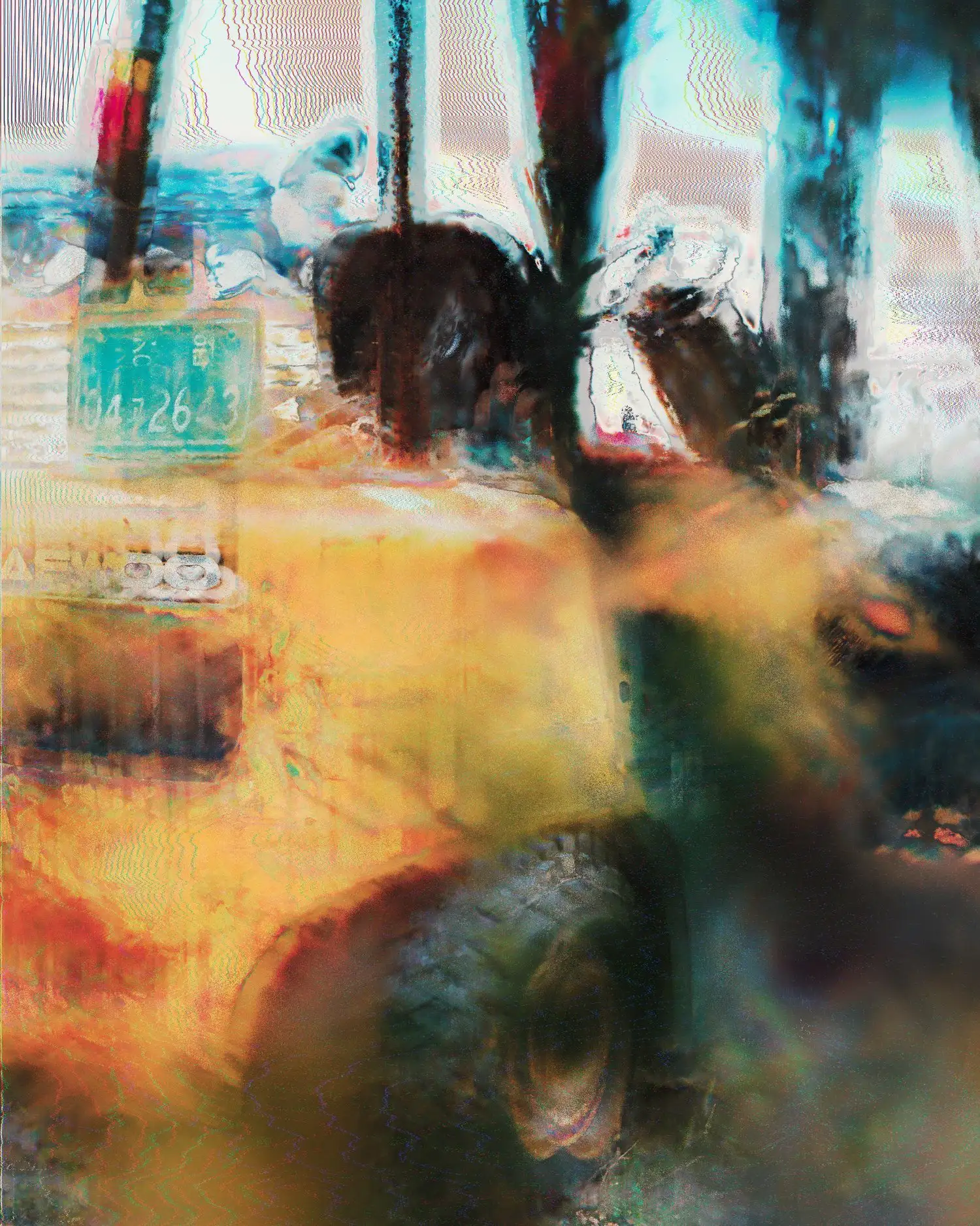 experimental processing of a 3d-scanned forklift in south korea. A lot of blur, grain and a few spots of vivid colors