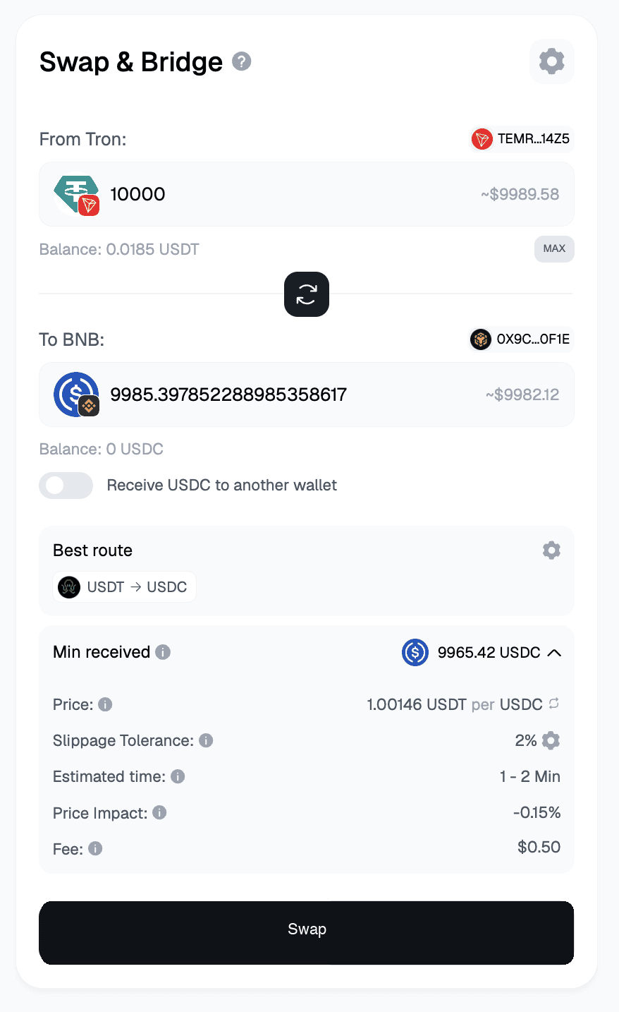 Bridge to BNB Chain — live route: 10,000 USDT (Tron) → USDT (BNB Chain) · Symbiosis
