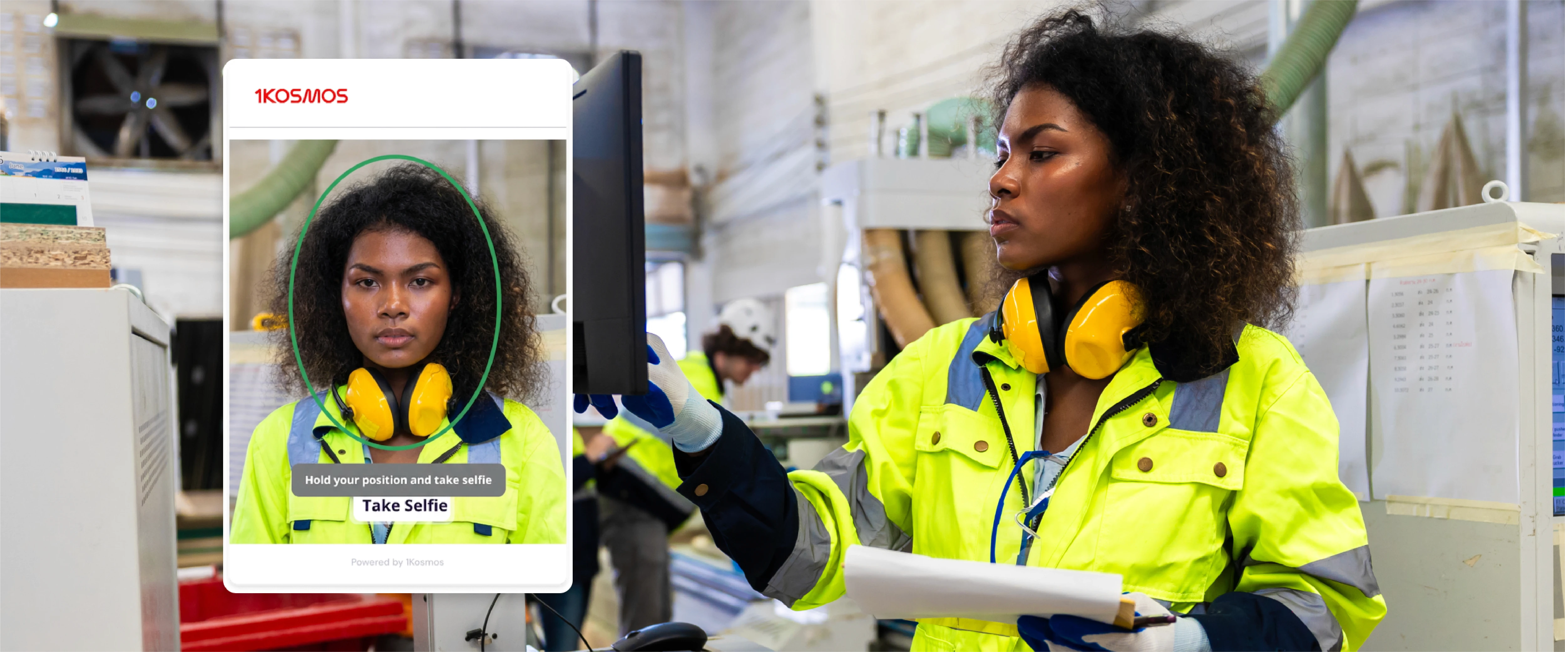 A person in a bright safety jacket logs into a computer; a UI is superimposed on the screen showing her getting her face scanned to log in