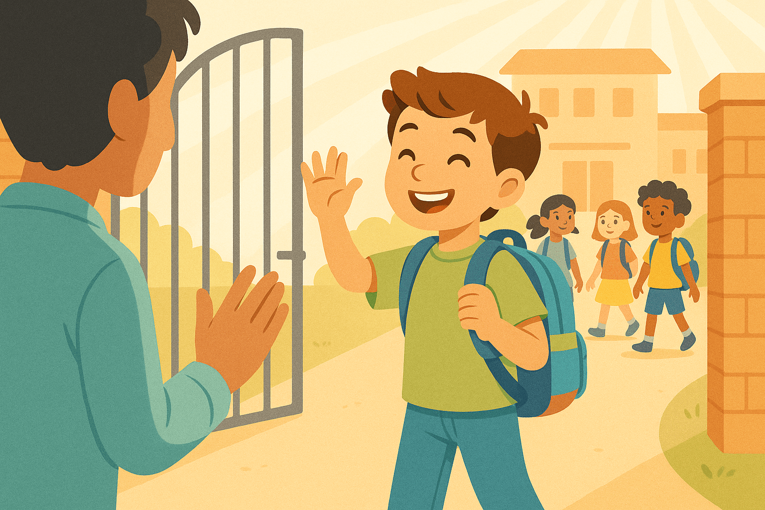 Confident primary school child waving goodbye to parent at school gates with a smile, showing successful separation