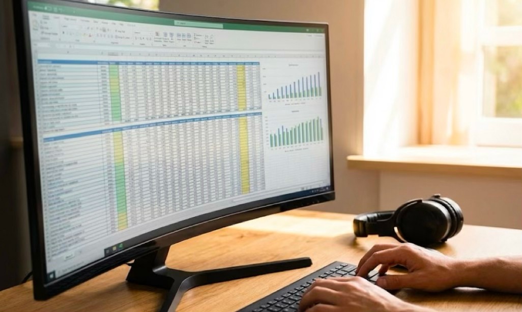 A close-up, shallow-focus photograph of a person's hands using a keyboard in front of a large desktop computer monitor displaying a complex, detailed spreadsheet.  The desk is made of natural light wood, bathed in warm, natural sunlight representing a quiet, self-managed, and optimized workspace.  A pair of sleek, professional noise-cancelling headphones sits to the side.